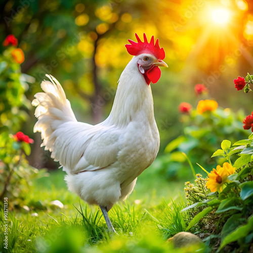 White rooster standing in a vibrant garden with flowers and greenery