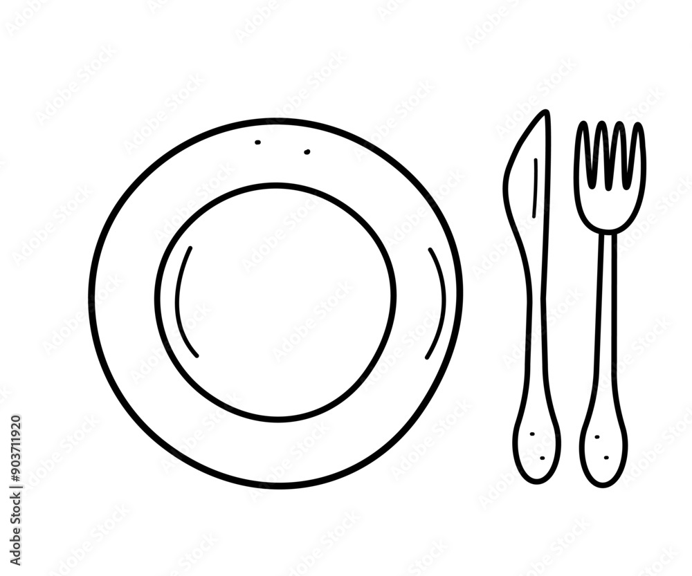 Plate and cutlery doodle icon. Vector illustration Table set fork knife.