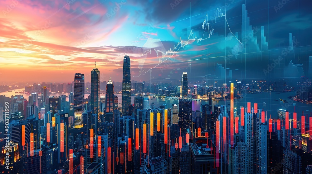 Fototapeta premium Hong Kong Financial Skyline at Sunset: A vibrant cityscape of Hong Kong illuminated by the warm glow of sunset, with a stock market graph superimposed, depicting the dynamic intersection of finance an
