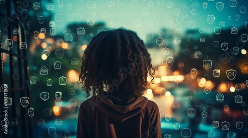 Curious young girl observing glowing digital lock in cybersecurity concept illustration