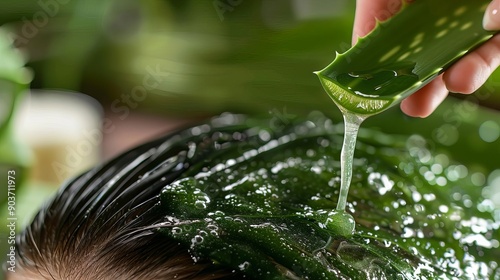 Aloe vera gel being massaged into scalp, Hair care, Cooling and soothing photo