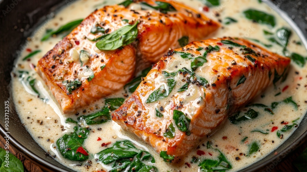 salmon in a creamy garlic and spinach sauce salmon in a creamy garlic and spinach sauce