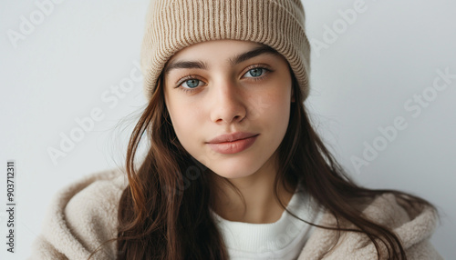 Young Caucasian woman with long brown hair and blue eyes wearing a beige knit beanie and cozy jacket, posing against a plain white background. photo