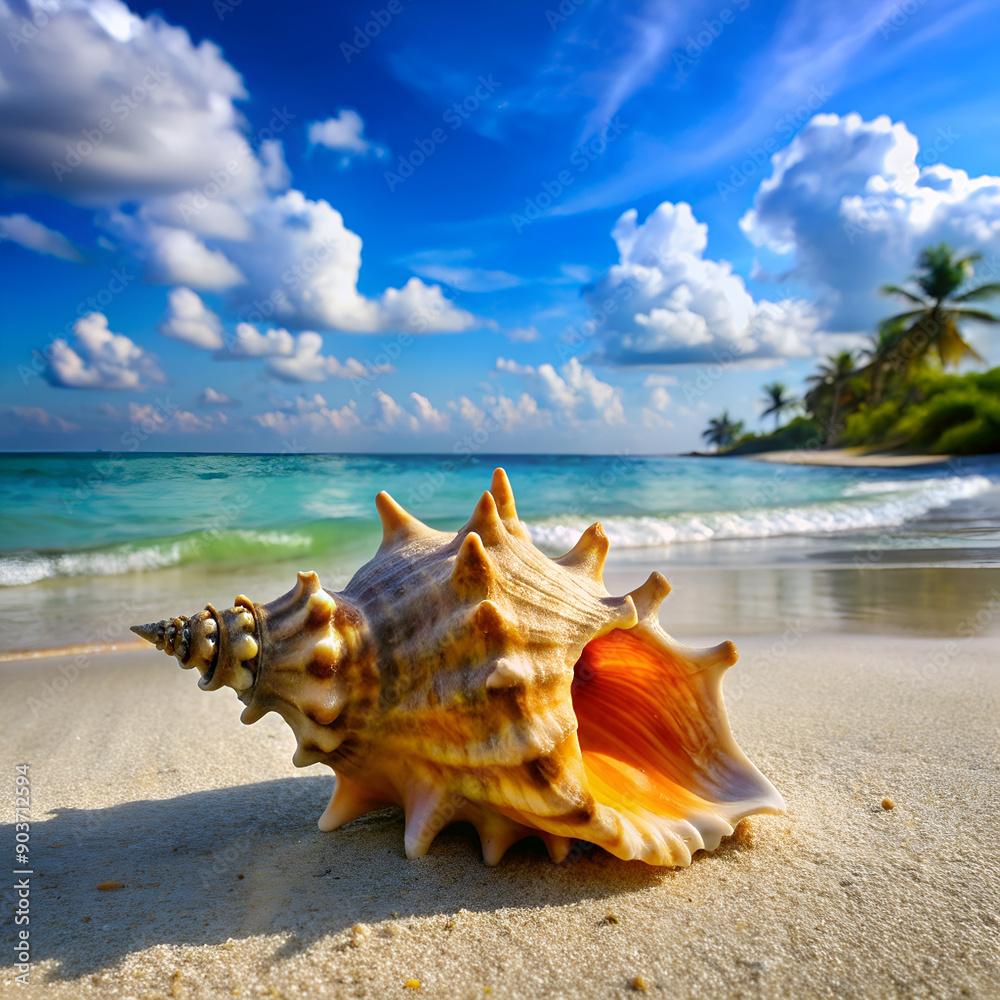 A vibrant seashell on a serene beach with crystal clear waters and a blue sky backdrop A vibrant seashell on a serene beach with crystal clear waters and a blue sky backdrop
