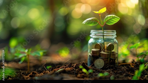 Wallpaper Mural Growing Financial Success: A sprout emerges from a glass jar filled with coins, symbolizing financial growth and prosperity. The warm sunlight and lush green background evoke a sense of hope and oppor Torontodigital.ca