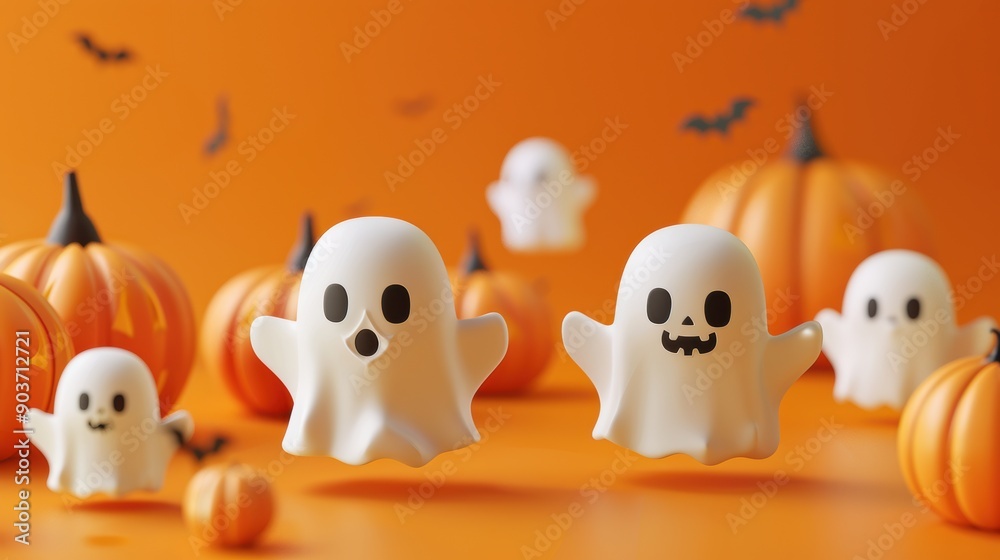 Cute Halloween ghost, with pumpkin, and Cartoon style isolated orange background Cute Halloween ghost, with pumpkin, and Cartoon style isolated orange background