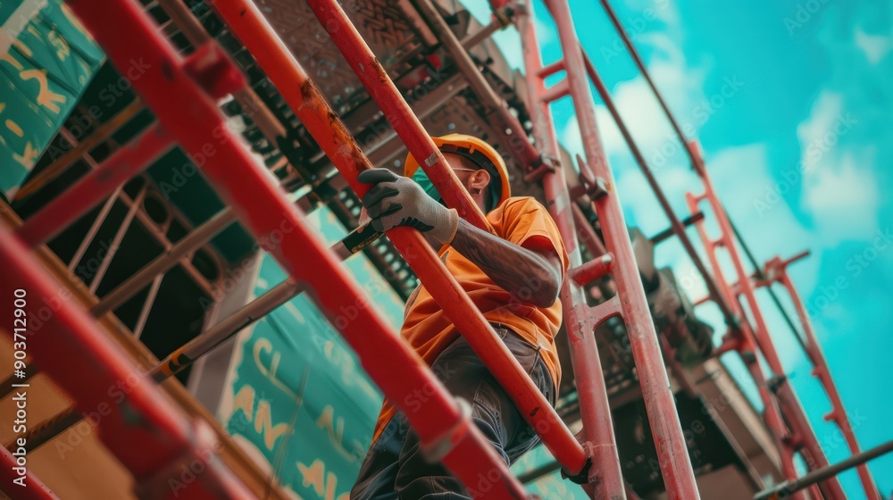 Close-up of a construction worker assembling scaffolding on a building site Close-up of a construction worker assembling scaffolding on a building site