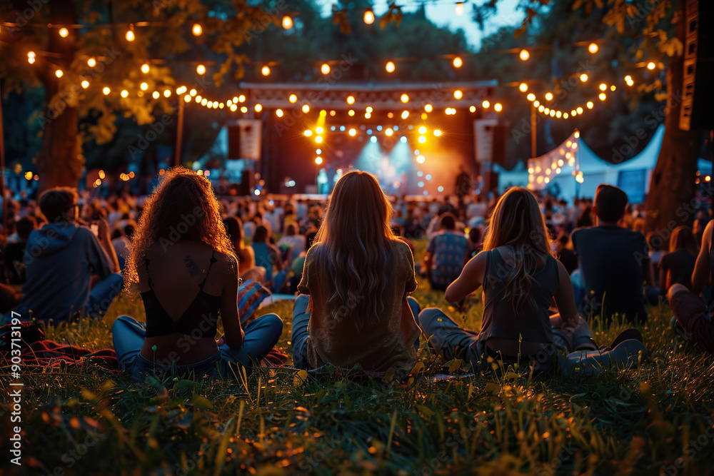 Abstract blurred image of evening garden festival with people sitting in front of stage. Generated by artificial intelligence Abstract blurred image of evening garden festival with people sitting in front of stage. Generated by artificial intelligence