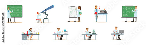 Man and Woman Scientist Character in Laboratory Do Research Vector Set