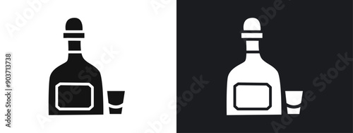 Tequila bottle and glass icon linear graphics set vector in black
