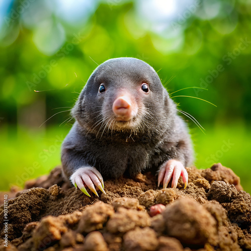 Close-up of a cute mole emerging from the ground in a lush garden