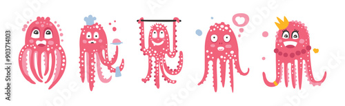 Funny Pink Octopus Character with Tentacles and Smiling Face Vector Set