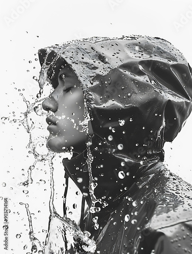 portrait woman in waterproof jacket splashing water in black and white