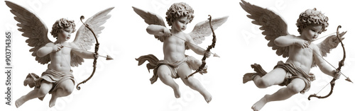 Three statues cupids different poses are mid-air their vintage romantic illustration photo