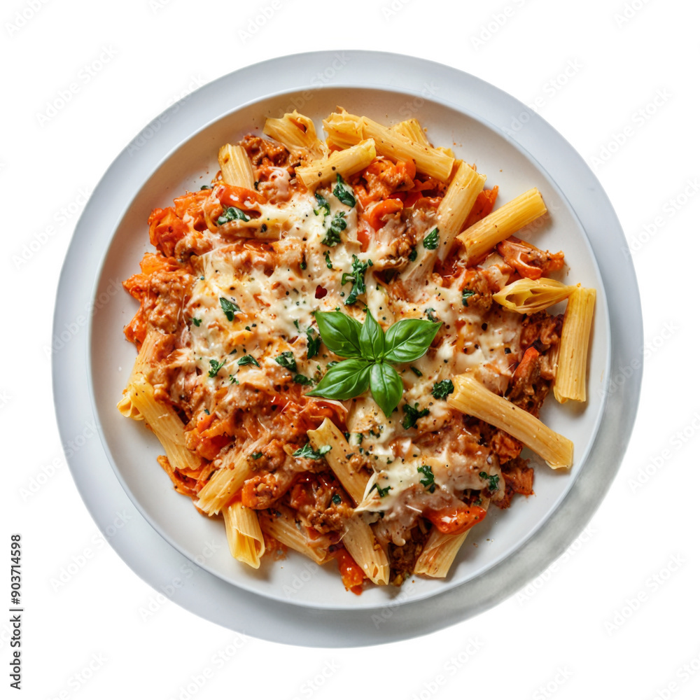 Top view plate pasta dish appears to be Rigatoni pasta with tomato