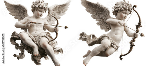 Two statues Cupid mythical figure from Greek mythology vintage romantic illustration