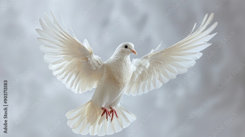 Fototapeta premium Graceful white dove flies peacefully in the sky, symbolizing peace and hope. Its wings spread wide against soft clouds, evoking feelings of serenity and love