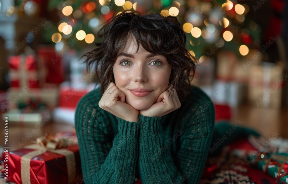 Attractive woman with green eyes in Christmas setting, smiling and relaxed by the tree and gifts Attractive woman with green eyes in Christmas setting, smiling and relaxed by the tree and gifts
