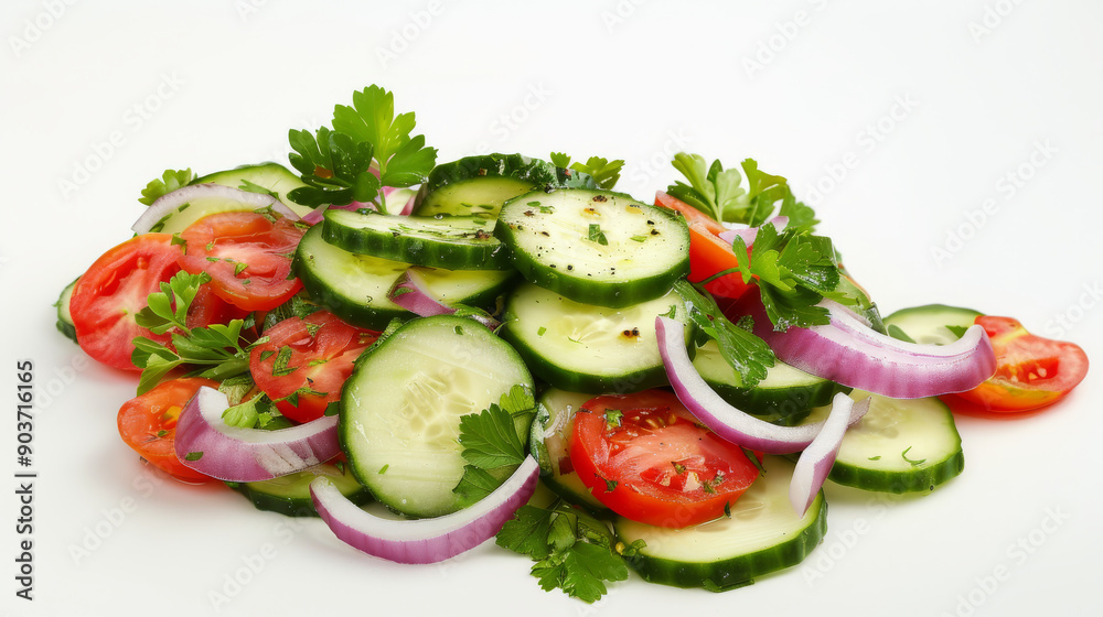 A refreshing plate of sliced cucumber, tomato, onion, and parsley salad vividly displayed against a white background, showcasing healthy and fresh eating. A refreshing plate of sliced cucumber, tomato, onion, and parsley salad vividly displayed against a white background, showcasing healthy and fresh eating.