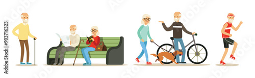 Senior Man and Woman Character Enjoy Retirement Vector Set