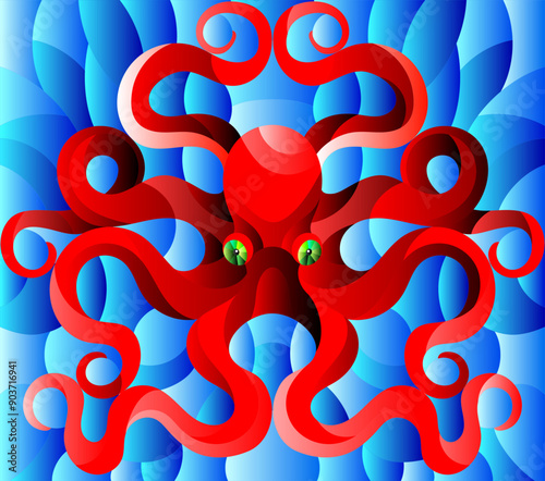 Illustration in stained glass style with abstract red octopus against a blue sea