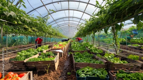 row of red tomato plants in greenhouse. generative ai