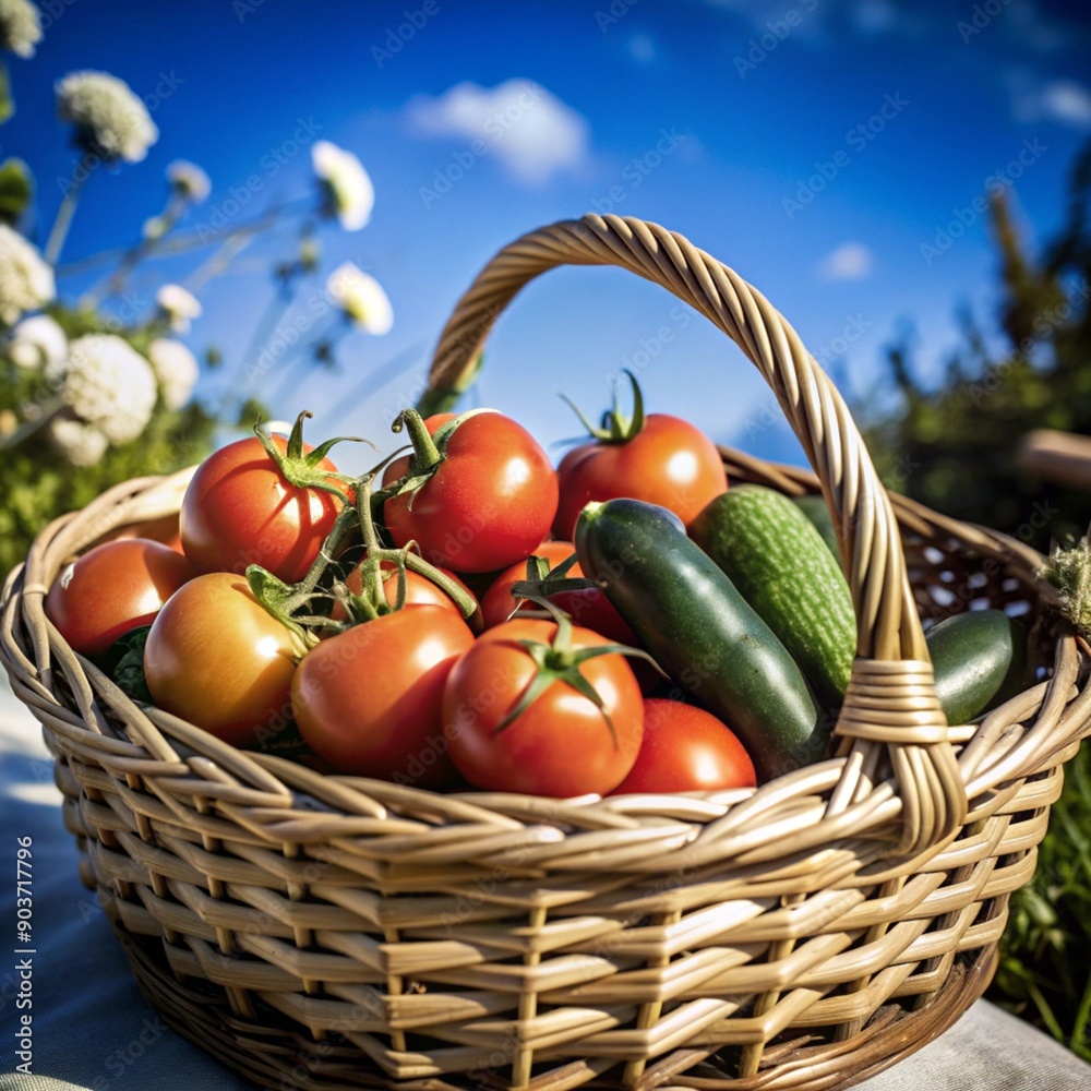tomatoes and cucumber in basket 
