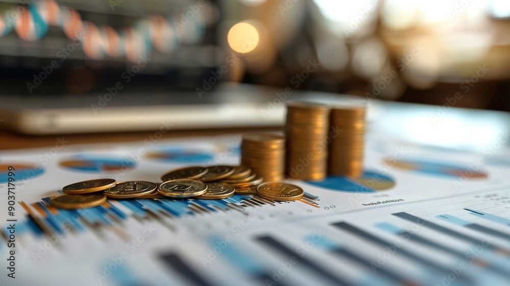 Financial Growth: A close-up shot of gold coins stacked on a graph, symbolizing financial success, investment, and wealth. The blurred background suggests a bustling office environment. Financial Growth: A close-up shot of gold coins stacked on a graph, symbolizing financial success, investment, and wealth. The blurred background suggests a bustling office environment.