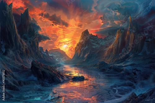 Fantasy landscape with mountains river and sunset sky
