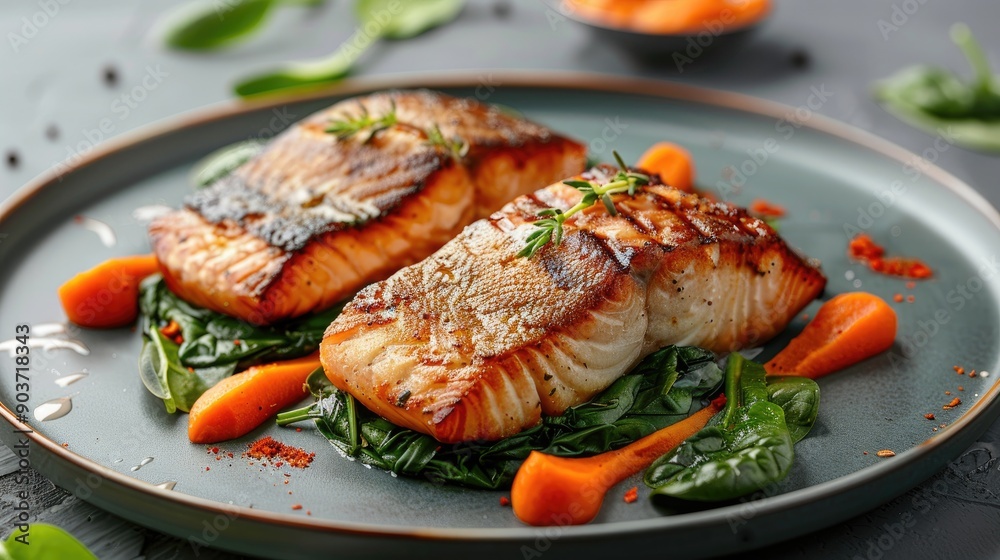 Grilled salmon with spinach and carrots. Perfect for a healthy and delicious meal. Grilled salmon with spinach and carrots. Perfect for a healthy and delicious meal.