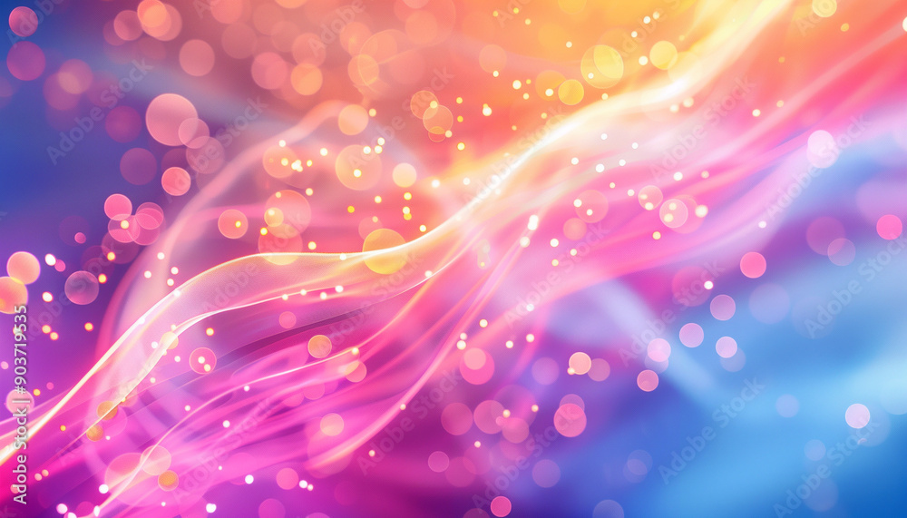 Vibrant abstract background featuring swirling lines, bokeh lights, and a color palette of pink, orange, and blue creating a dynamic and energetic visual effect.