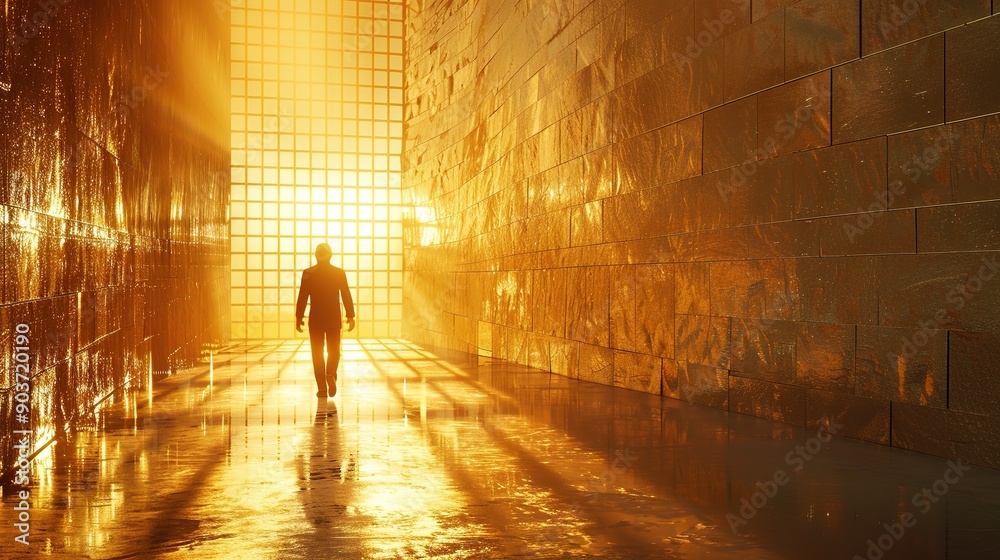 Walking into the Light: A silhouette of a lone figure walks towards a radiant, golden light emanating from a large window at the end of a hallway, symbolizing hope, faith, and a new beginning. Walking into the Light: A silhouette of a lone figure walks towards a radiant, golden light emanating from a large window at the end of a hallway, symbolizing hope, faith, and a new beginning.