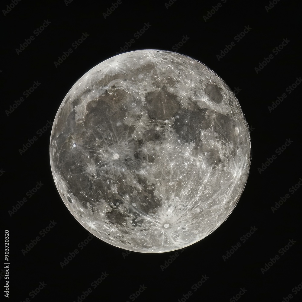 Obraz premium Close up view of a night full Moon reveals its rugged terrain, with craters, mountains, and valleys