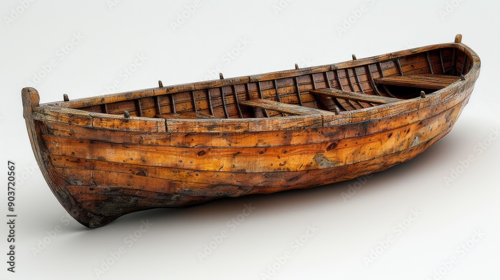 Old wooden rowing boat with planks showing signs of age and weathering is standing on a white background Old wooden rowing boat with planks showing signs of age and weathering is standing on a white background