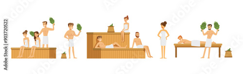 People Character Bathing in Sauna in Towel with Besom Vector Set