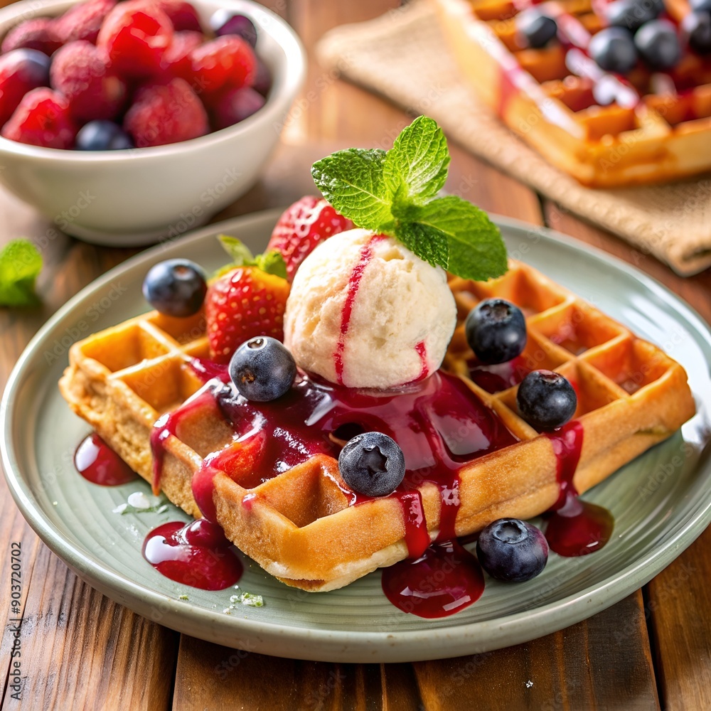 Delicious waffles topped with ice cream, fresh berries, and berry sauce on a rustic table Delicious waffles topped with ice cream, fresh berries, and berry sauce on a rustic table