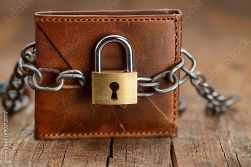 Wallet with chains and padlocks, unable to open, symbolizing restricted finances, locked finances, economic limitation