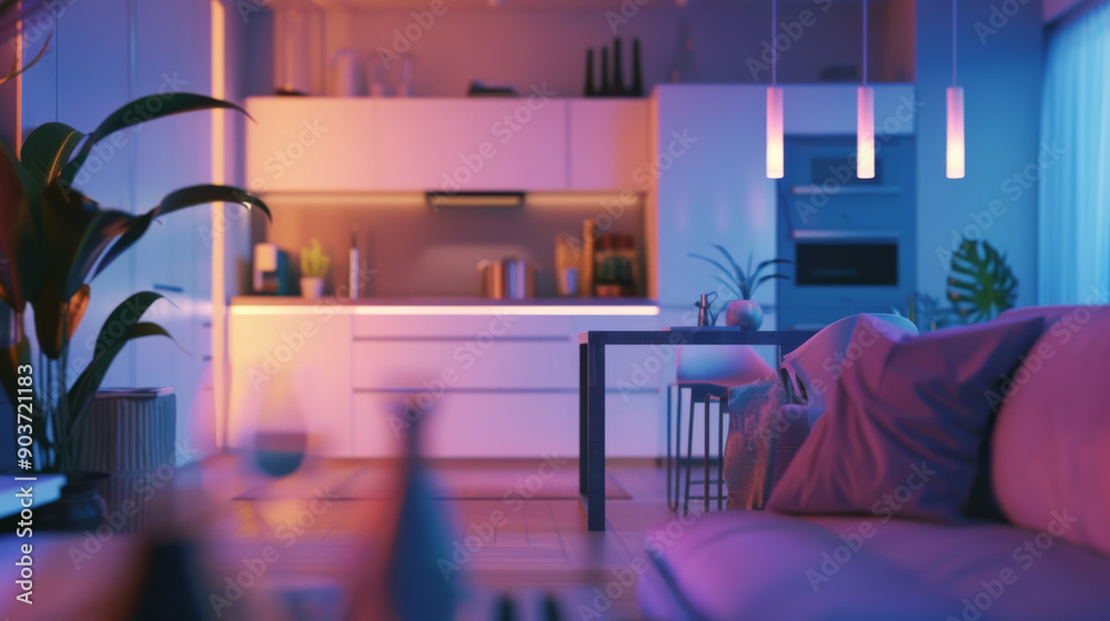 Modern kitchen and living area with a blend of soft neon lighting, creating a cozy and futuristic ambiance, enhanced by sleek furniture and stylish decor. Modern kitchen and living area with a blend of soft neon lighting, creating a cozy and futuristic ambiance, enhanced by sleek furniture and stylish decor.