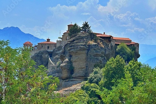 View of orthodox monasteries on the rocks in in Thessaly , Greece.
