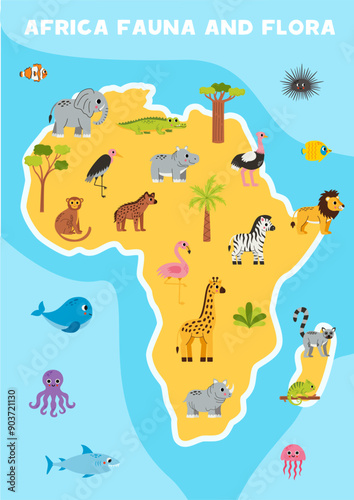 Vector map of Africa with cute cartoon animals.