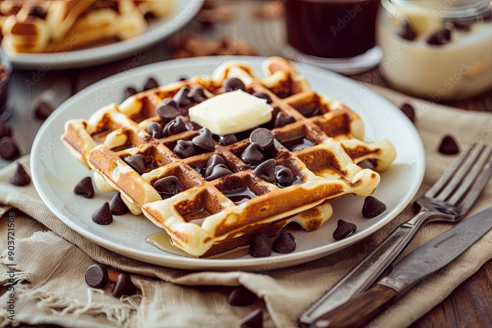 A close-up of a waffle topped with chocolate chips and a pat of butter. A close-up of a waffle topped with chocolate chips and a pat of butter.