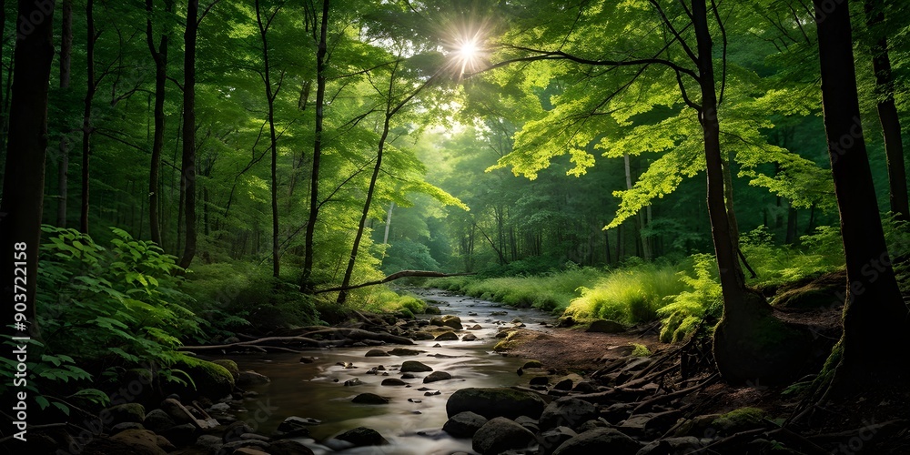 Obraz premium dense green forest landscape in summer with tree trunks in backlight
