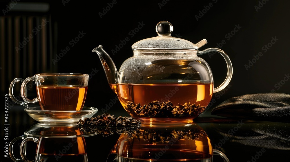 Glass teapot and cup with tea. Perfect for promoting tea brands, packaging, or articles about tea. Glass teapot and cup with tea. Perfect for promoting tea brands, packaging, or articles about tea.