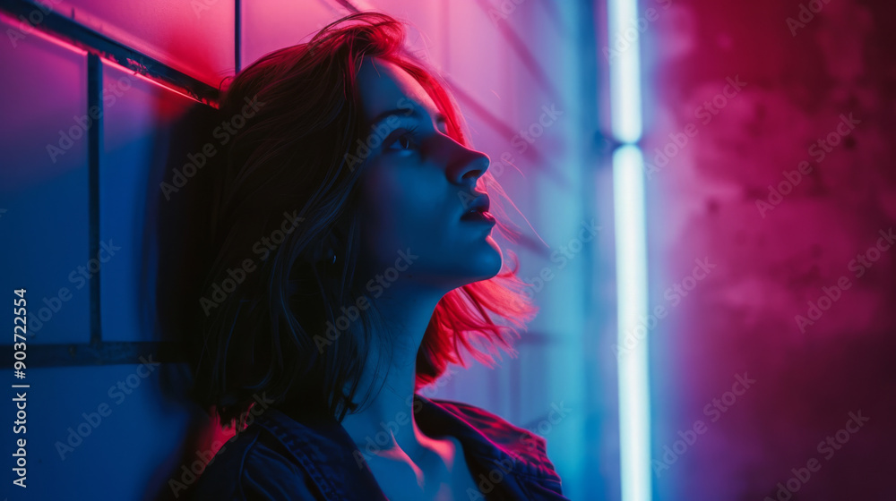 Woman gazing upwards, illuminated by neon lights and leaning against a tiled wall, rendering a contemplative and cinematic feel. Woman gazing upwards, illuminated by neon lights and leaning against a tiled wall, rendering a contemplative and cinematic feel.