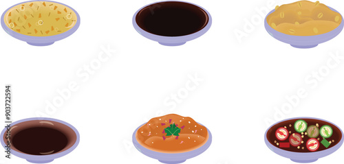 The Chinese dips sauce with bowl-Plum, Black Sweet Soy Sauce , Soy Bean Paste, sour(soy)sauce, Traditional Sukiyaki Sauce, Black Sweet Soy with pickled chili