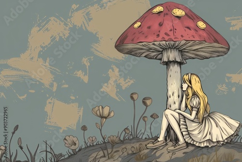 illustration of Alice sitting on a giant mushroom, looking curiously at the Wonderland creatures around her 