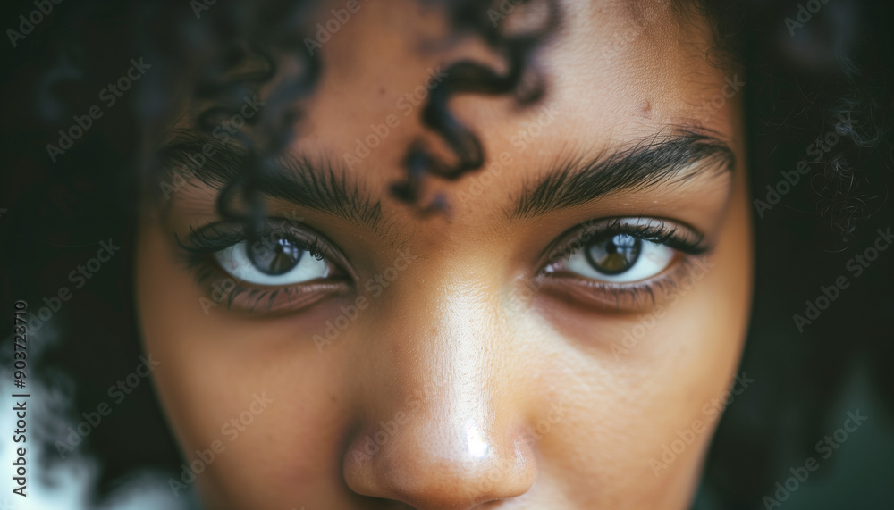 Close-up of a young African-American woman with curly hair, displaying intense, emotion-filled eyes and a serious expression. Close-up of a young African-American woman with curly hair, displaying intense, emotion-filled eyes and a serious expression.