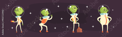 Cute Alien Green Character In Space Suit Vector Set