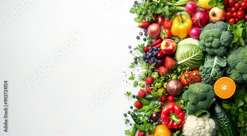 Fototapeta Naklejka Na Ścianę i Meble -  Vibrant display of various fresh vegetables and fruits in a garden setting