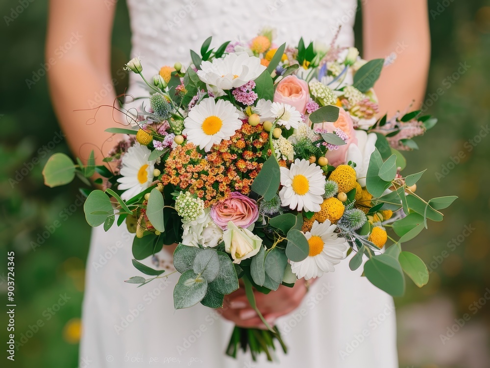 elegant white wedding bouquet with daisies, roses, and eucalyptus greenery in bride's hands, close-up view elegant white wedding bouquet with daisies, roses, and eucalyptus greenery in bride's hands, close-up view